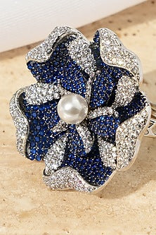 White Rhodium Finish Sapphire Stone & American Diamond Floral Adjustable Ring