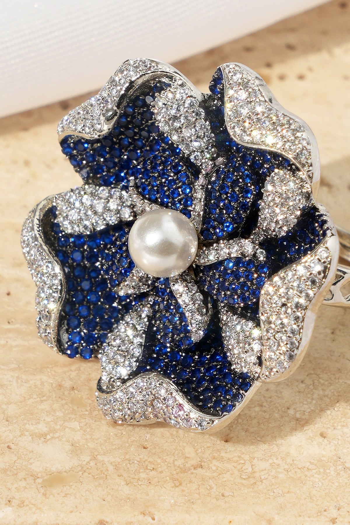 White Rhodium Finish Sapphire Stone & American Diamond Floral Adjustable Ring