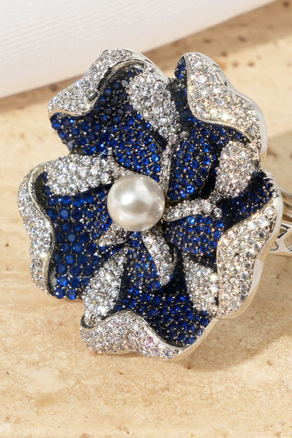 White Rhodium Finish Sapphire Stone & American Diamond Floral Adjustable Ring
