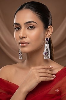White Rhodium Finish Amethyst Stone & American Diamond Dangler Earrings