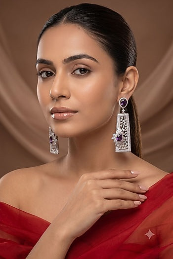 White Rhodium Finish Amethyst Stone & American Diamond Dangler Earrings