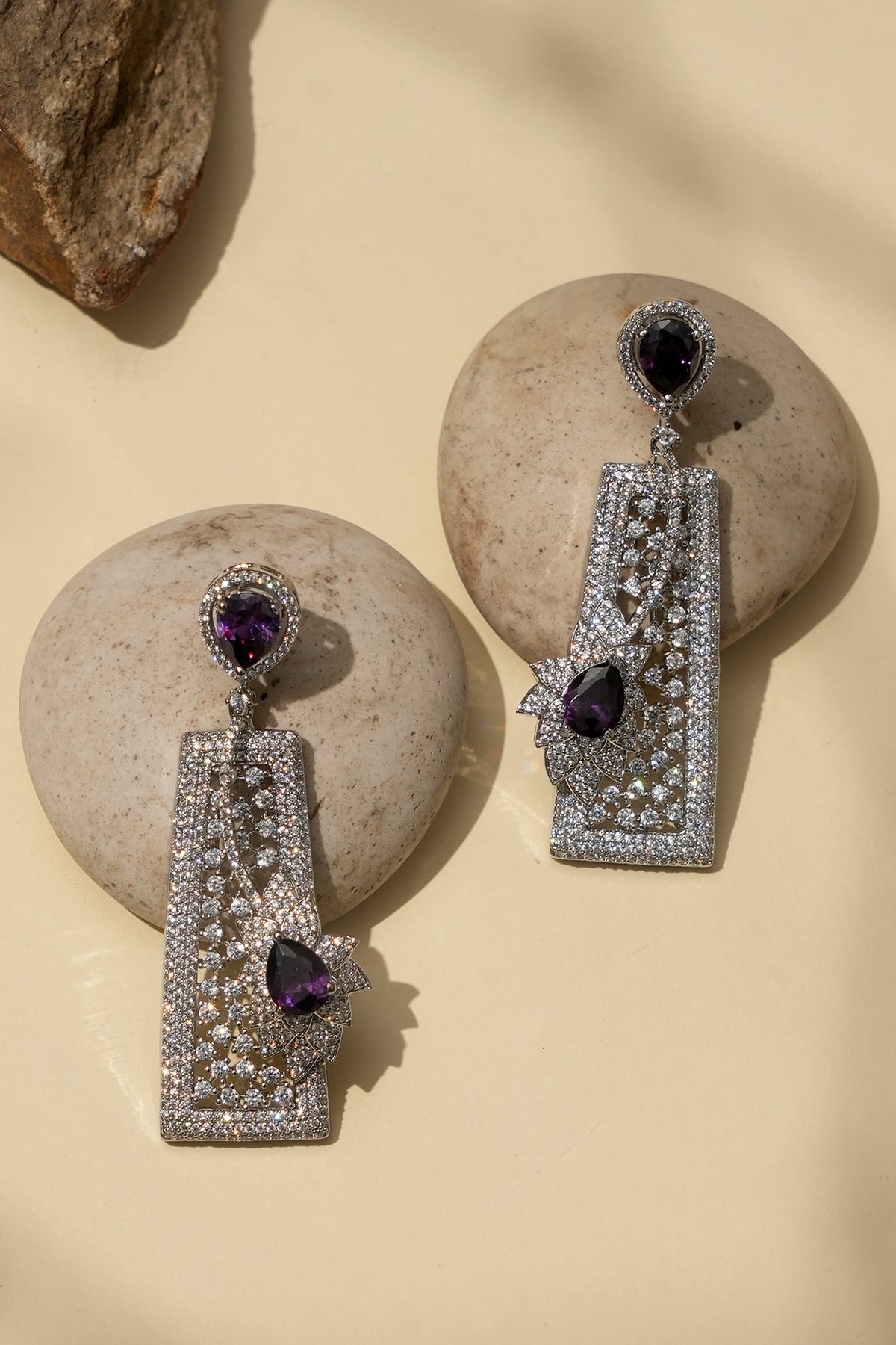 White Rhodium Finish Amethyst Stone & American Diamond Dangler Earrings