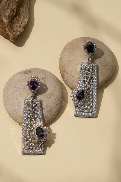 White Rhodium Finish Amethyst Stone & American Diamond Dangler Earrings