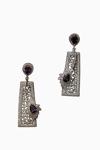 White Rhodium Finish Amethyst Stone & American Diamond Dangler Earrings
