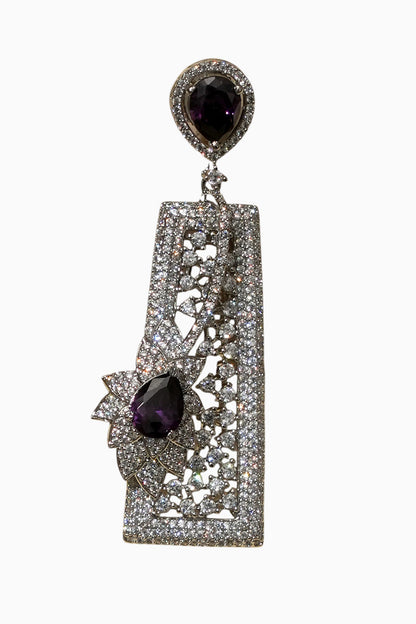 White Rhodium Finish Amethyst Stone & American Diamond Dangler Earrings