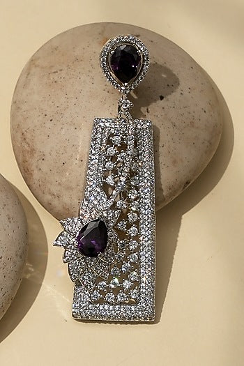 White Rhodium Finish Amethyst Stone & American Diamond Dangler Earrings