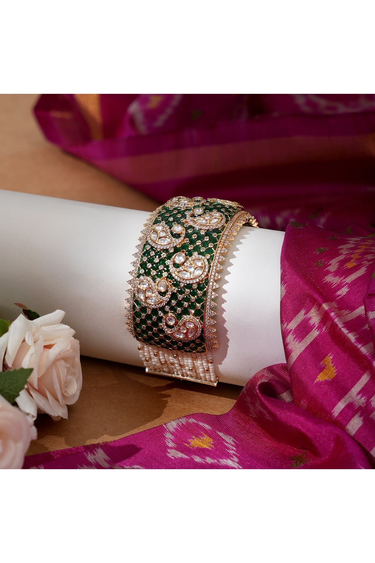 Gold Finish Kundan Polki & Emerald Stone Adjustable Bracelet