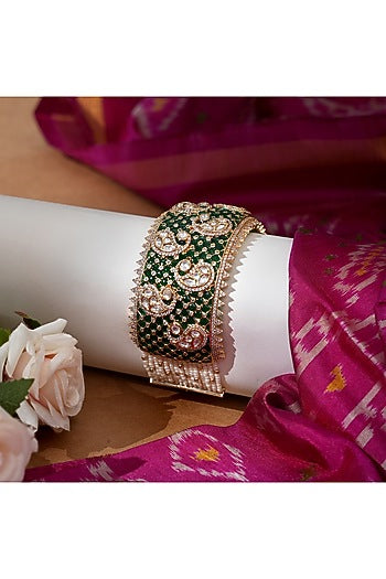 Gold Finish Kundan Polki & Emerald Stone Adjustable Bracelet