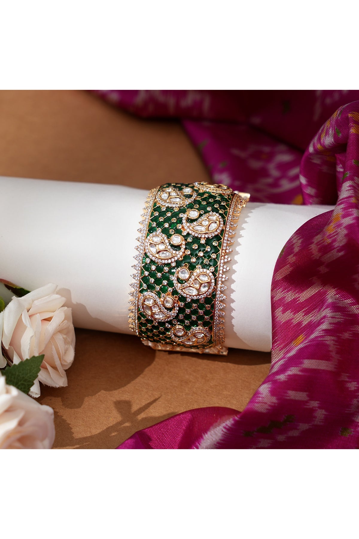 Gold Finish Kundan Polki & Emerald Stone Adjustable Bracelet