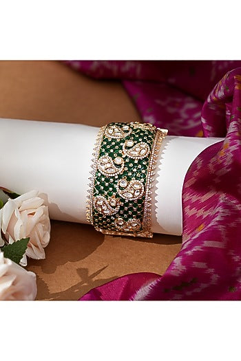 Gold Finish Kundan Polki & Emerald Stone Adjustable Bracelet