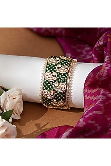 Gold Finish Kundan Polki & Emerald Stone Adjustable Bracelet