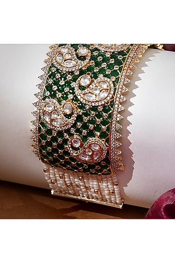 Gold Finish Kundan Polki & Emerald Stone Adjustable Bracelet