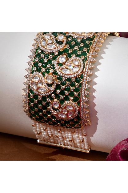 Gold Finish Kundan Polki & Emerald Stone Adjustable Bracelet