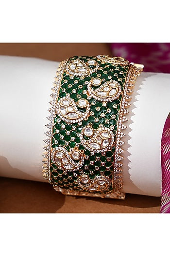 Gold Finish Kundan Polki & Emerald Stone Adjustable Bracelet