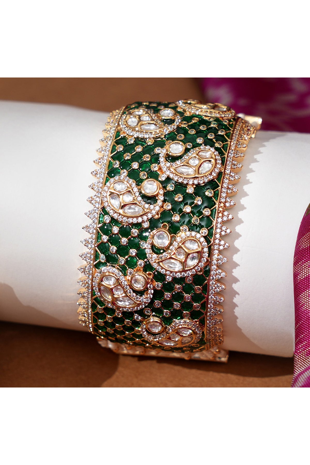 Gold Finish Kundan Polki & Emerald Stone Adjustable Bracelet