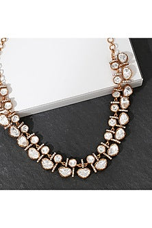 Gold Finish Kundan Polki & White Stone Necklace Set