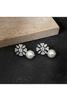 White Finish Zircon & Pearl Floral Drop Earrings