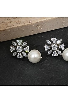 White Finish Zircon & Pearl Floral Drop Earrings