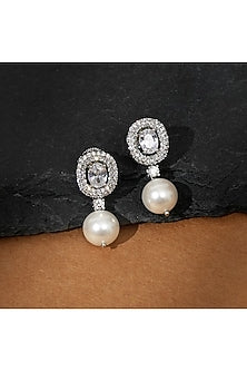 White Finish Zircon & Pearl Drop Earrings