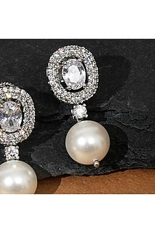 White Finish Zircon & Pearl Drop Earrings