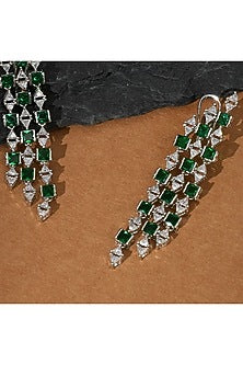 White Finish Zircon & Emerald Stone Dangler Earrings