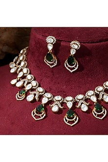 Gold Finish Kundan Polki & Emerald Stone Handcrafted Necklace Set