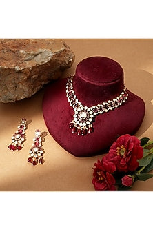 Gold Finish Kundan Polki & Ruby Stone Handcrafted Necklace Set