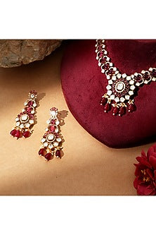 Gold Finish Kundan Polki & Ruby Stone Handcrafted Necklace Set