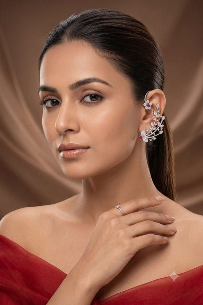 White Rhodium Finish American Diamond & Pink Stone Dangler Earrings
