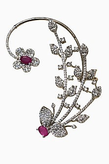 White Rhodium Finish American Diamond & Pink Stone Dangler Earrings