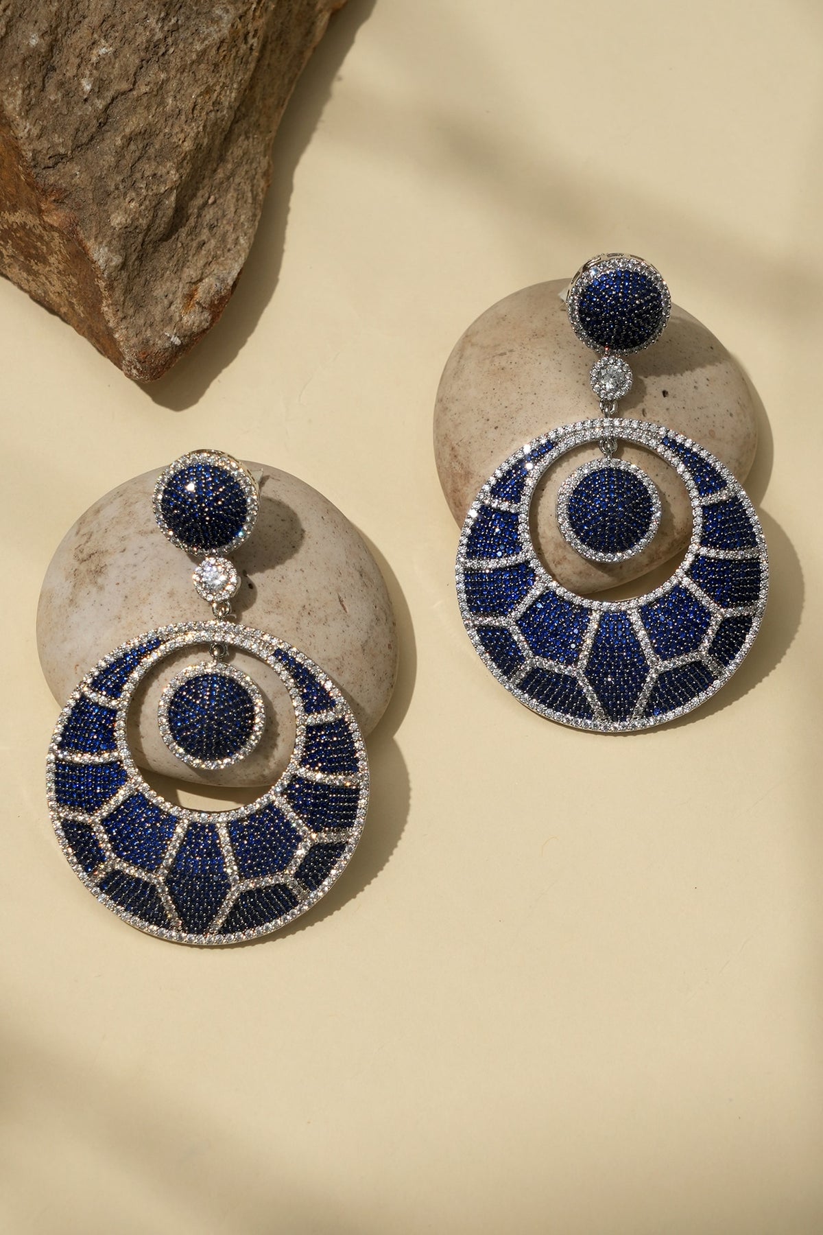 White Rhodium Finish American Diamond & Blue Stone Dangler Earrings