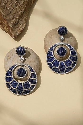 White Rhodium Finish American Diamond & Blue Stone Dangler Earrings