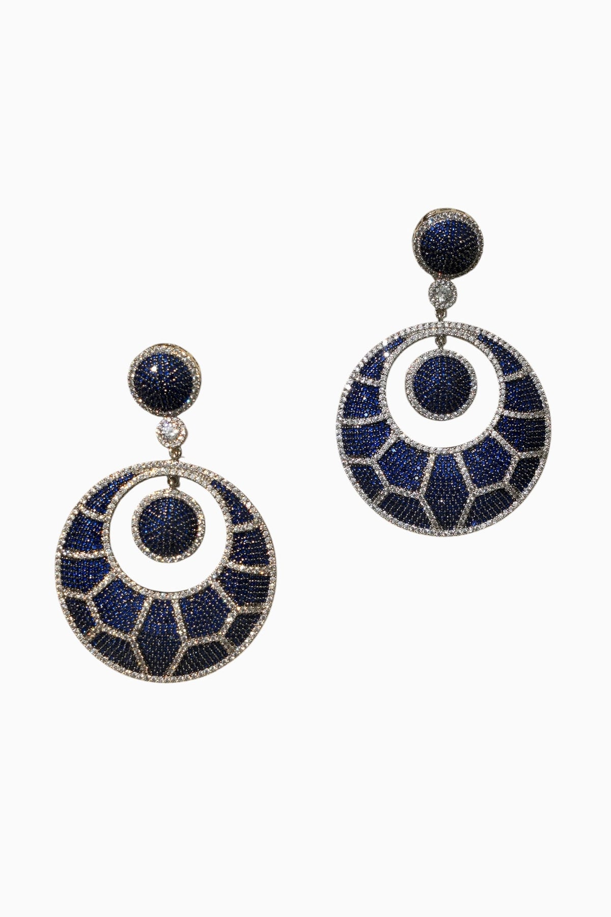 White Rhodium Finish American Diamond & Blue Stone Dangler Earrings
