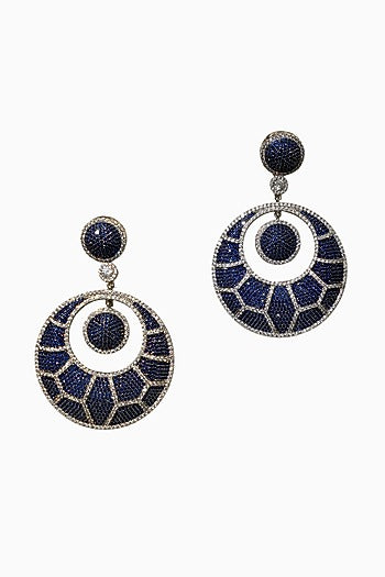 White Rhodium Finish American Diamond & Blue Stone Dangler Earrings
