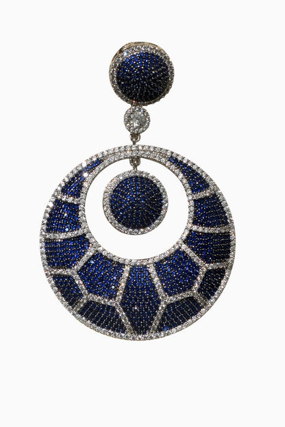 White Rhodium Finish American Diamond & Blue Stone Dangler Earrings