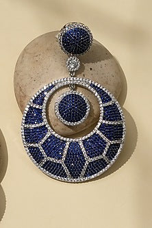 White Rhodium Finish American Diamond & Blue Stone Dangler Earrings