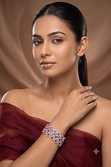 White Rhodium Finish American Diamond & Ruby Stone Bracelet