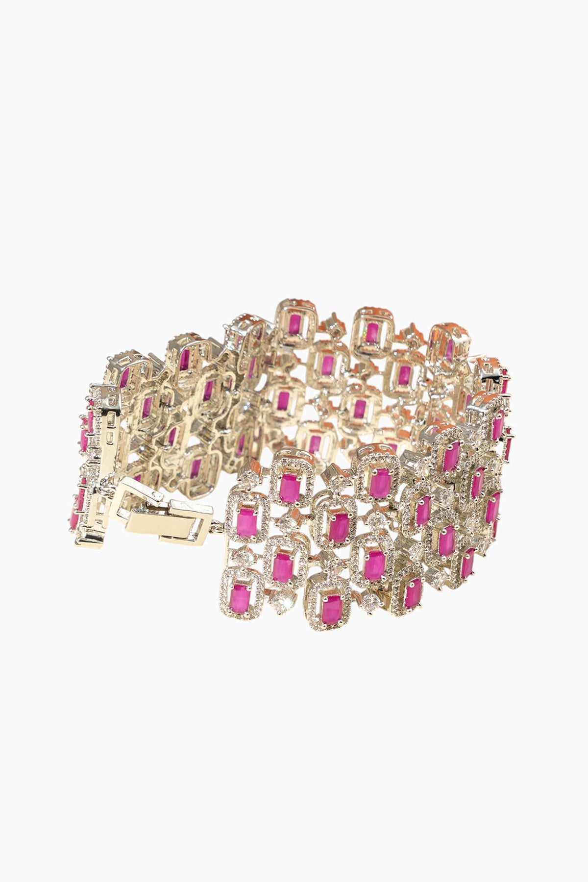 White Rhodium Finish American Diamond & Ruby Stone Bracelet