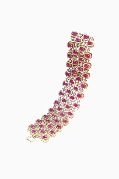 White Rhodium Finish American Diamond & Ruby Stone Bracelet