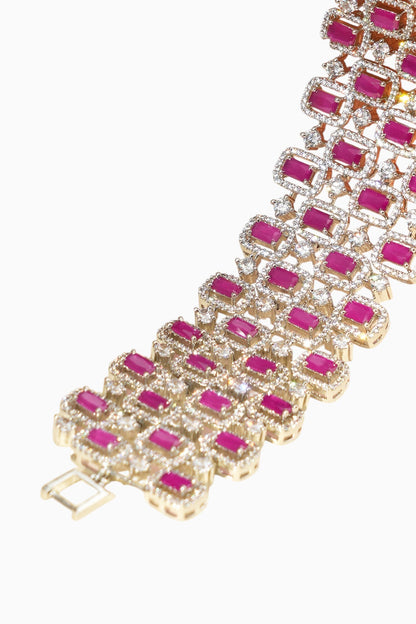 White Rhodium Finish American Diamond & Ruby Stone Bracelet