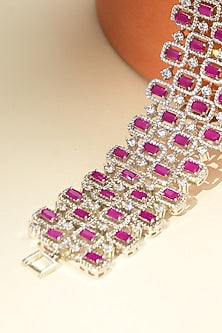 White Rhodium Finish American Diamond & Ruby Stone Bracelet