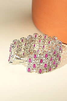 White Rhodium Finish American Diamond & Ruby Stone Bracelet