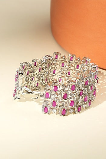White Rhodium Finish American Diamond & Ruby Stone Bracelet