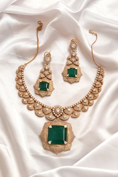 Gold Finish Kundan Polki & Green Stone Necklace Set
