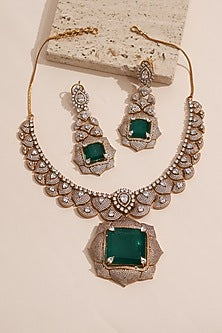 Gold Finish Kundan Polki & Green Stone Necklace Set