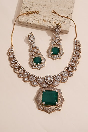 Gold Finish Kundan Polki & Green Stone Necklace Set
