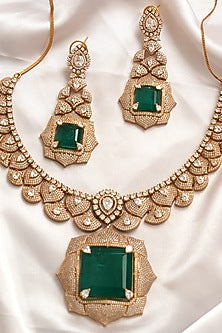 Gold Finish Kundan Polki & Green Stone Necklace Set