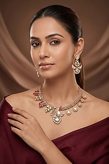 Gold Finish Moissanite Kundan Polki & White Stone Necklace Set