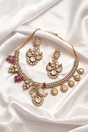 Gold Finish Moissanite Kundan Polki & White Stone Necklace Set
