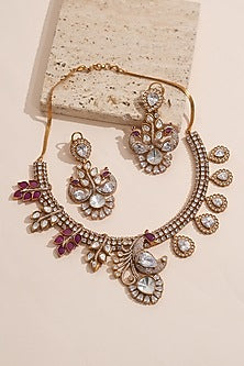 Gold Finish Moissanite Kundan Polki & White Stone Necklace Set